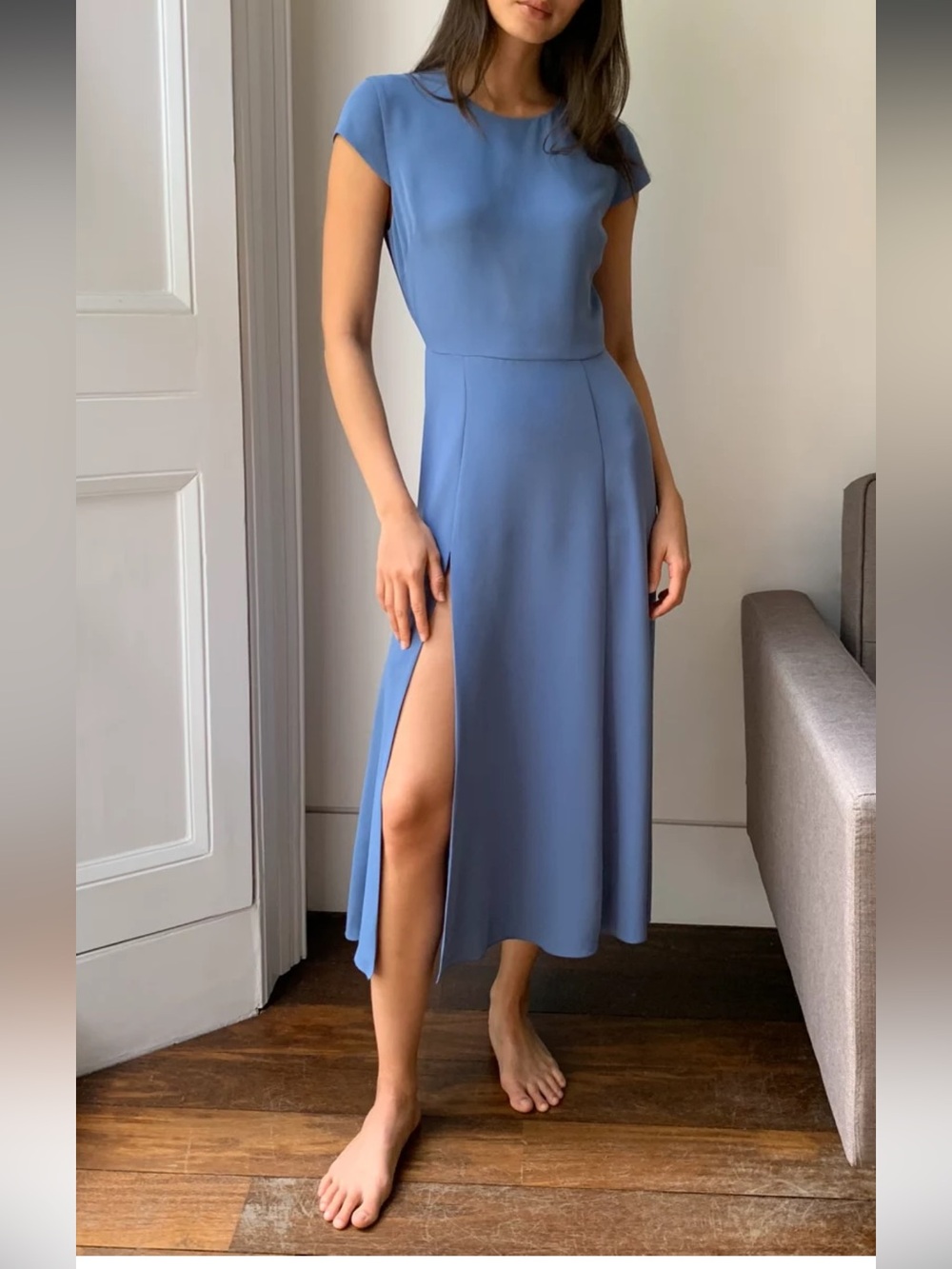 Babaton Dusty Blue Midi Dress with Thigh Slit